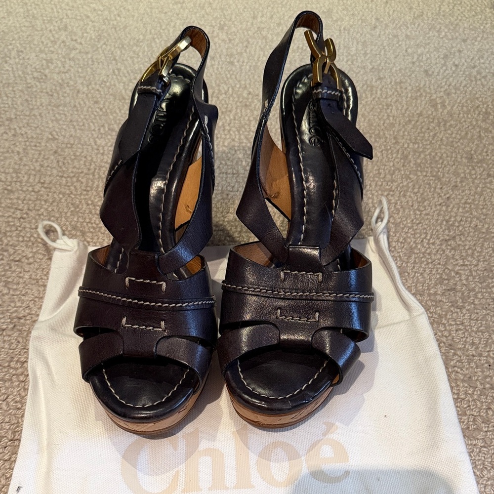 Vintage Chloe Navy Leather/Cork Wedge Sandal with Gold Buckle Size 37
